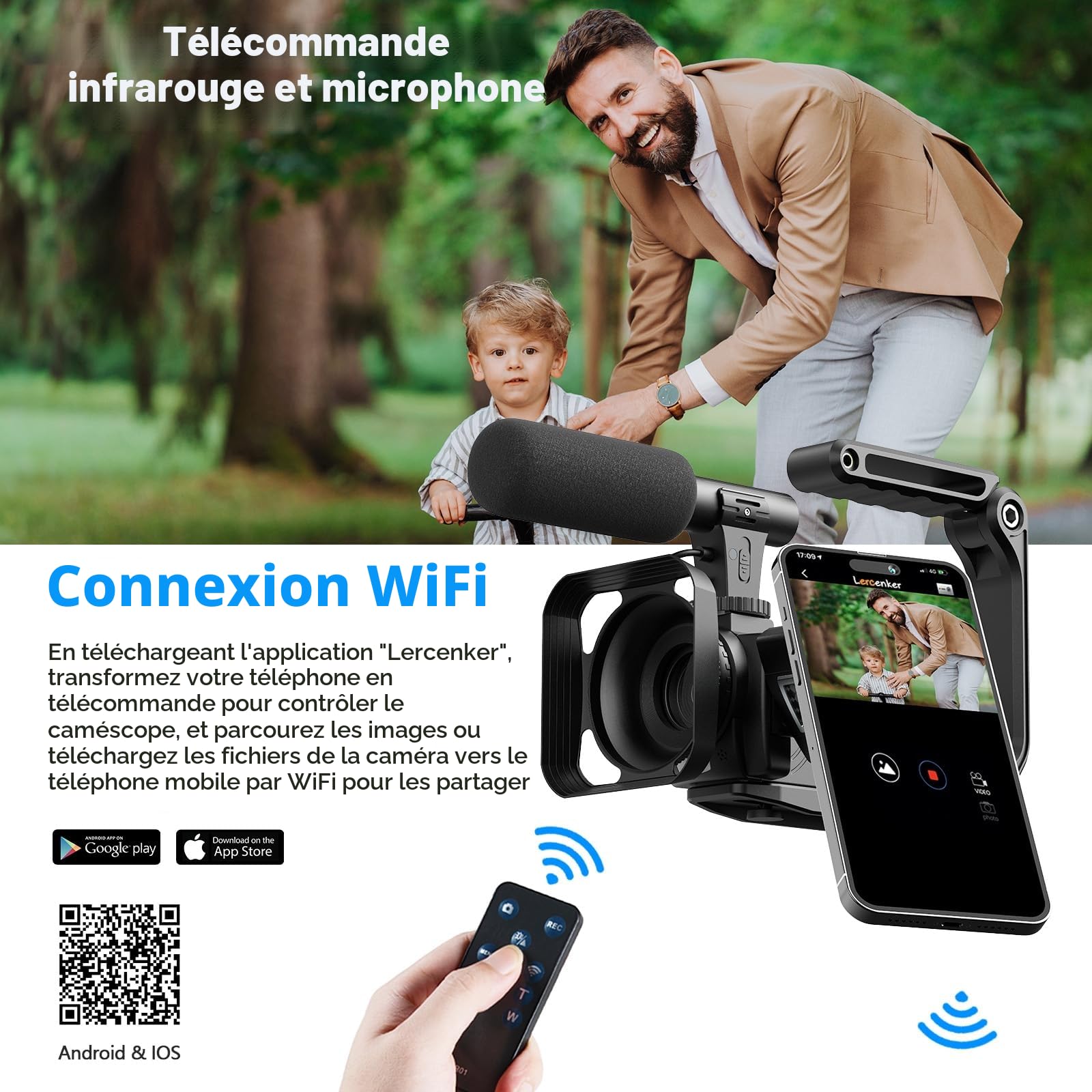 Caméscope Caméra vidéo 5K 56MP Vlogging Caméra Youtube, WiFi Vision Nocturne 3" Écran Tactile Rotatif à 270° Video Camera avec Carte 64 Go, télécommande, Microphone, stabilisateur, Piles, trépied