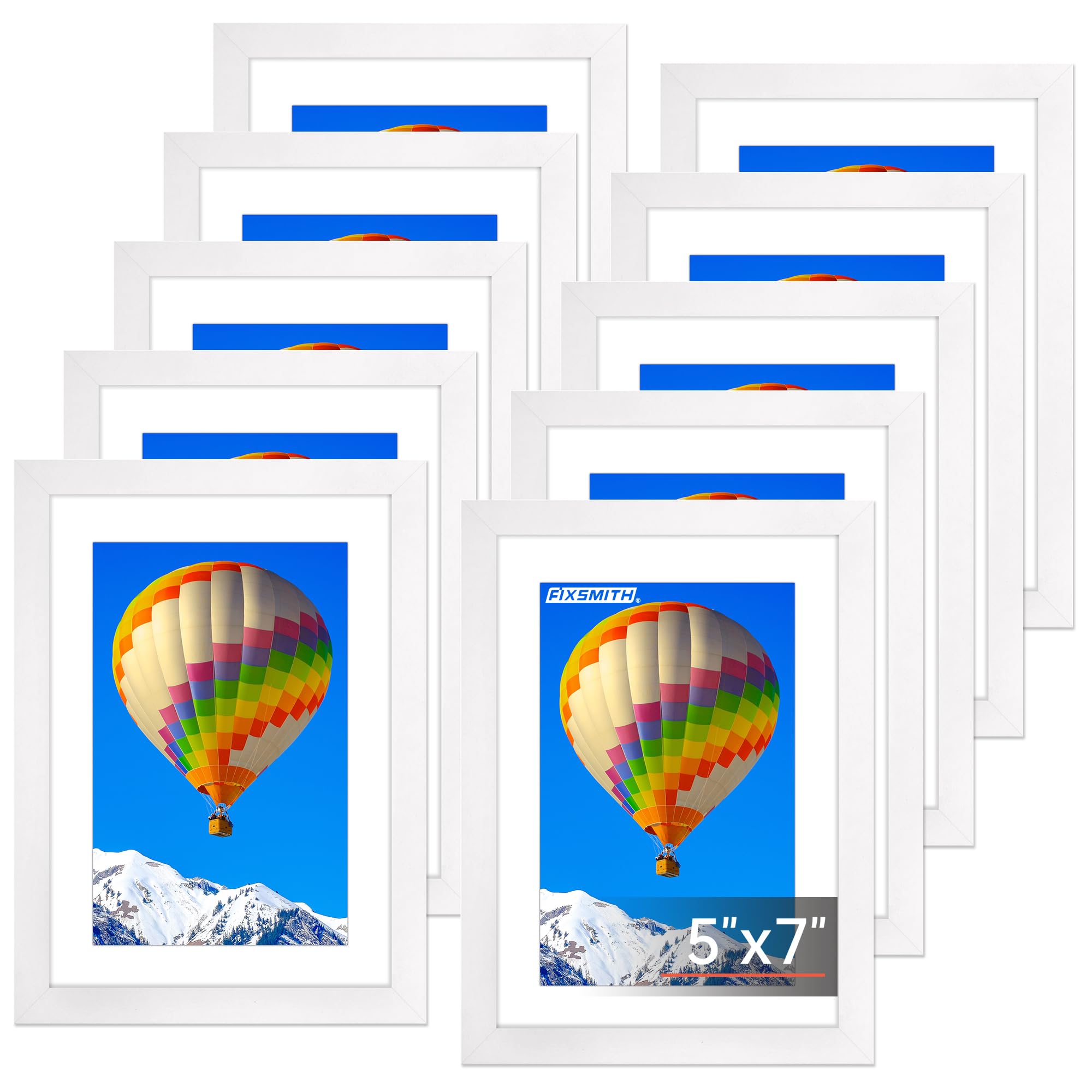 FIXSMITH 5x7 Picture Frame Set of 10, White Photo Frames Bulk with HD Plexiglass, Display Pictures 4x6 with Mat or 5x7 Without Mat, Multi Picture