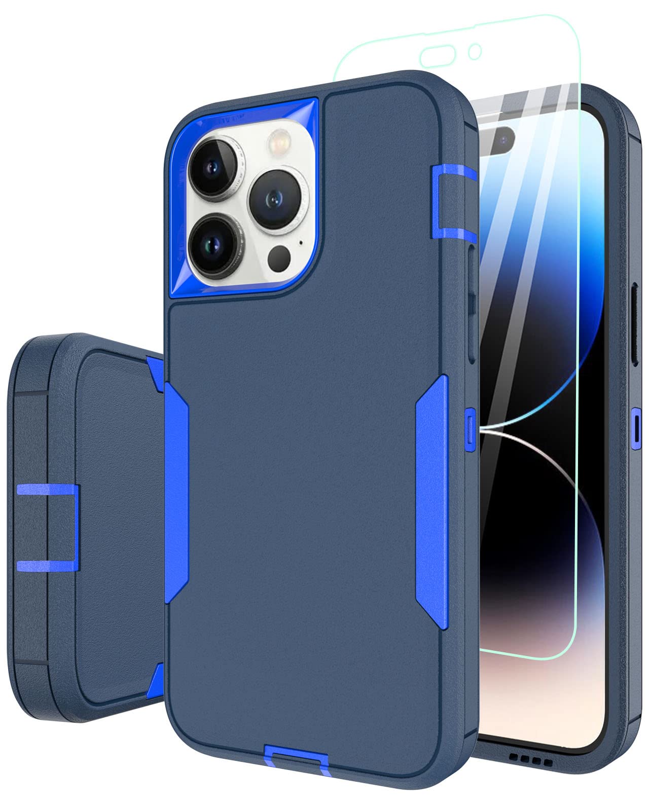 Dahkoiz for iPhone 14 Pro Case, with Tempered Glass Screen Protector and Dust-Proof Port Cover, Full Body Protection Rubber Cover Phone Case for Apple iPhone 14 Pro 6.1-Inch, Blue/Navy