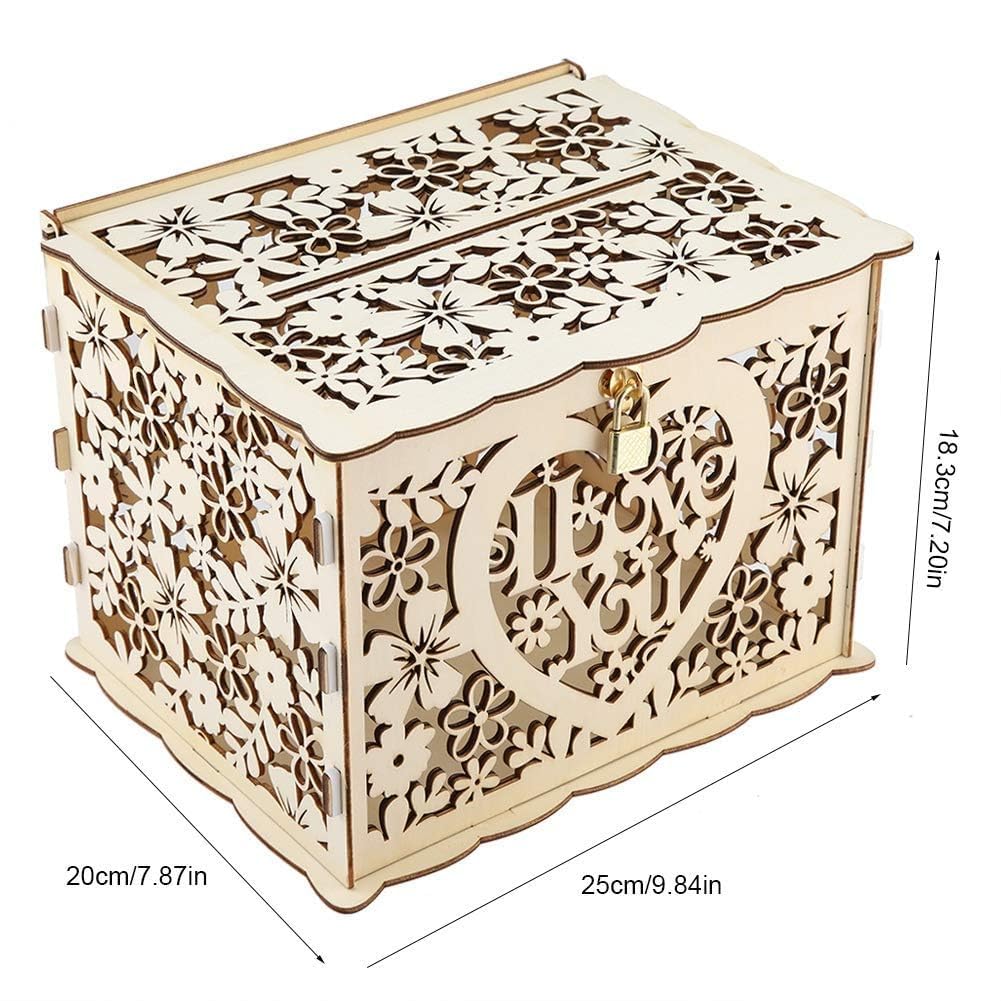 Scatola di Carte di Nozze in Legno, Scatola di Carte di Nozze in Legno con Serratura, Regalo Porta Buste, per Ricevimento Anniversario Laurea Compleanno, 25×20×18,3 cm(I Love You)