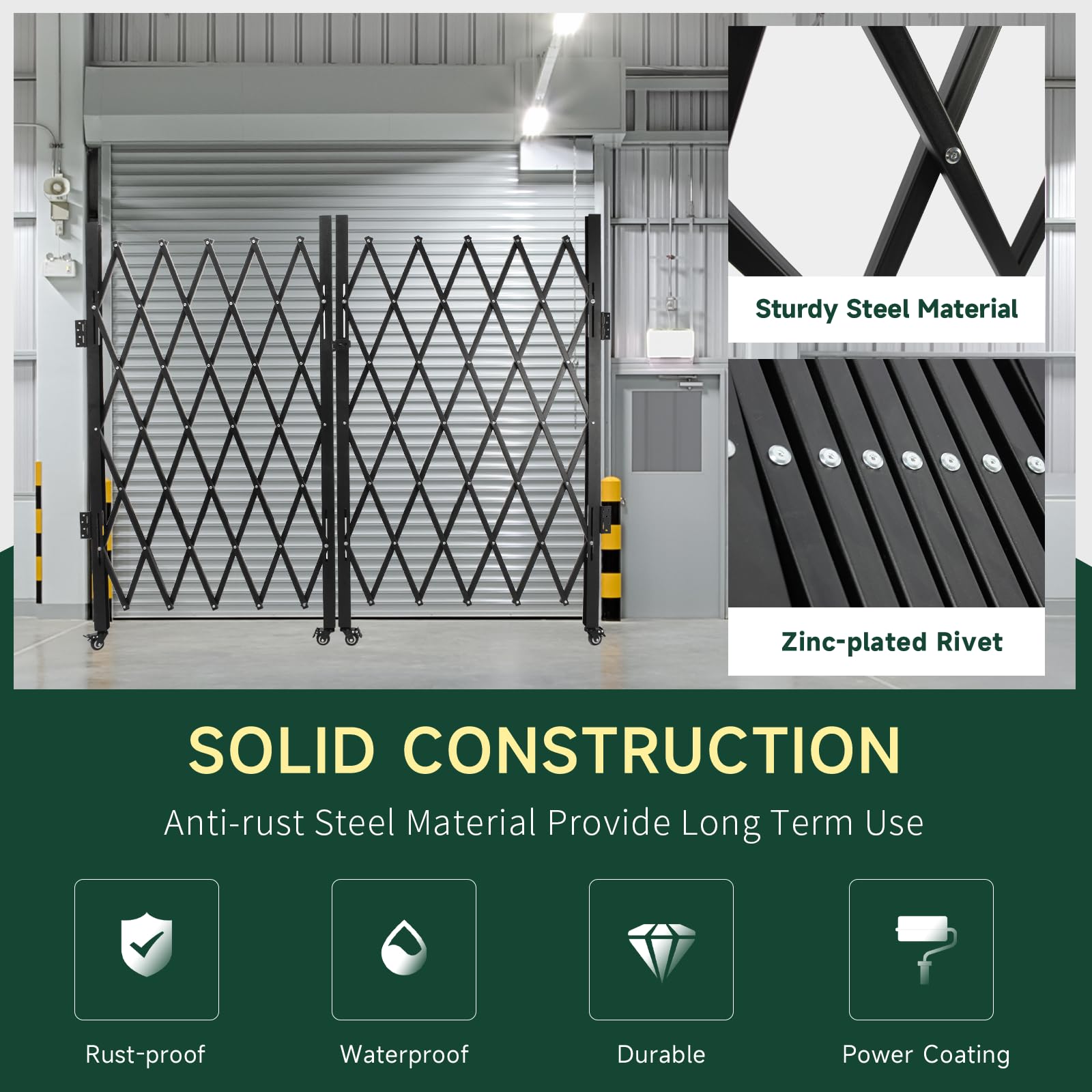 Double Folding Security Gates Accordion Door, 143" W x 62" H Metal Expandable Fence 360Rolling Expanding Outdoor Security Scissor Gate for Courtyards, Garages, Gardens (143" W x 62" H) - 4