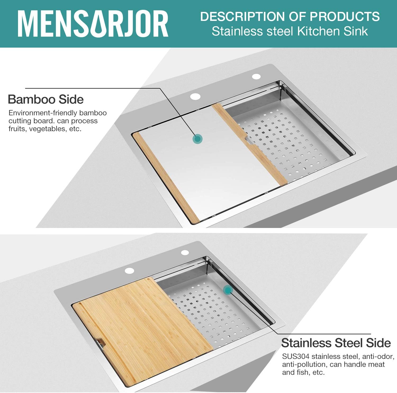 Get Popular Offer MENSARJOR 25 x 22 Workstation Ledge Drop-in Topmount Handmade Kitchen Sink SUS304 Stainless Steel 18 Gauge Single Bowl Big Sale MENSARJOR 25 x 22 Workstation Ledge Drop-in Topmount Handmade Kitchen Sink SUS304 Stainless Steel 18 Gauge Single Bowl