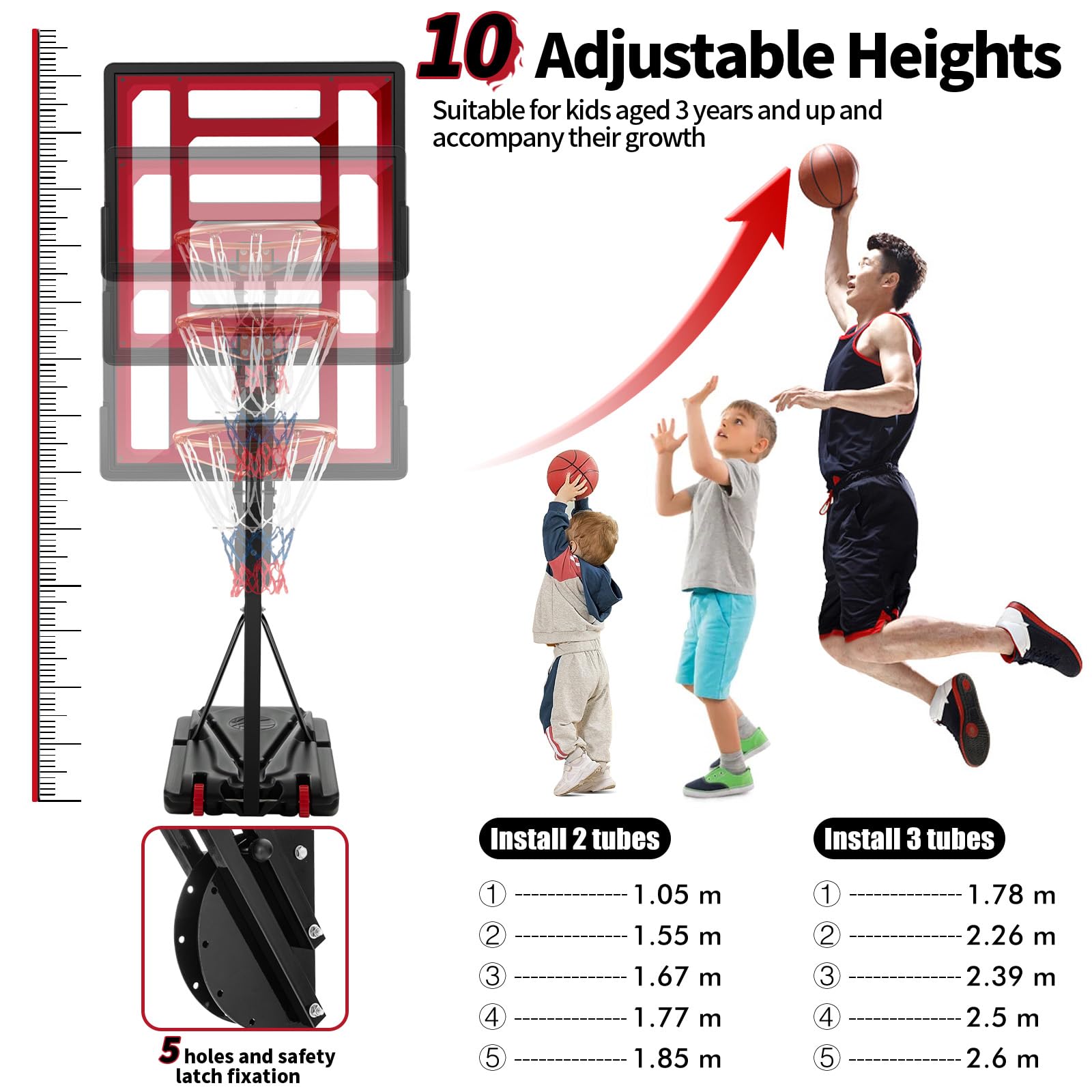 KOMFOTTEU Panier de Basket-Ball en PE et PVC pour l'Extérieur, 10 Niveaux de Hauteur réglables 155-310 cm, Support de Basket-Ball Portable Mobile, Base de Basket-Ball, pour Enfants et Adultes
