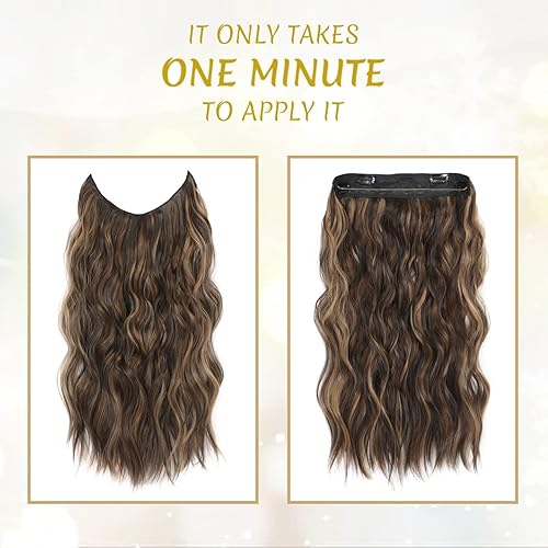 Miniatura 3 de Extensiones de cabello tipo halo con diadema transparente ajustable, tamaño 4, clips de seguridad, largos, ondulados, alambre invisible, extensiones