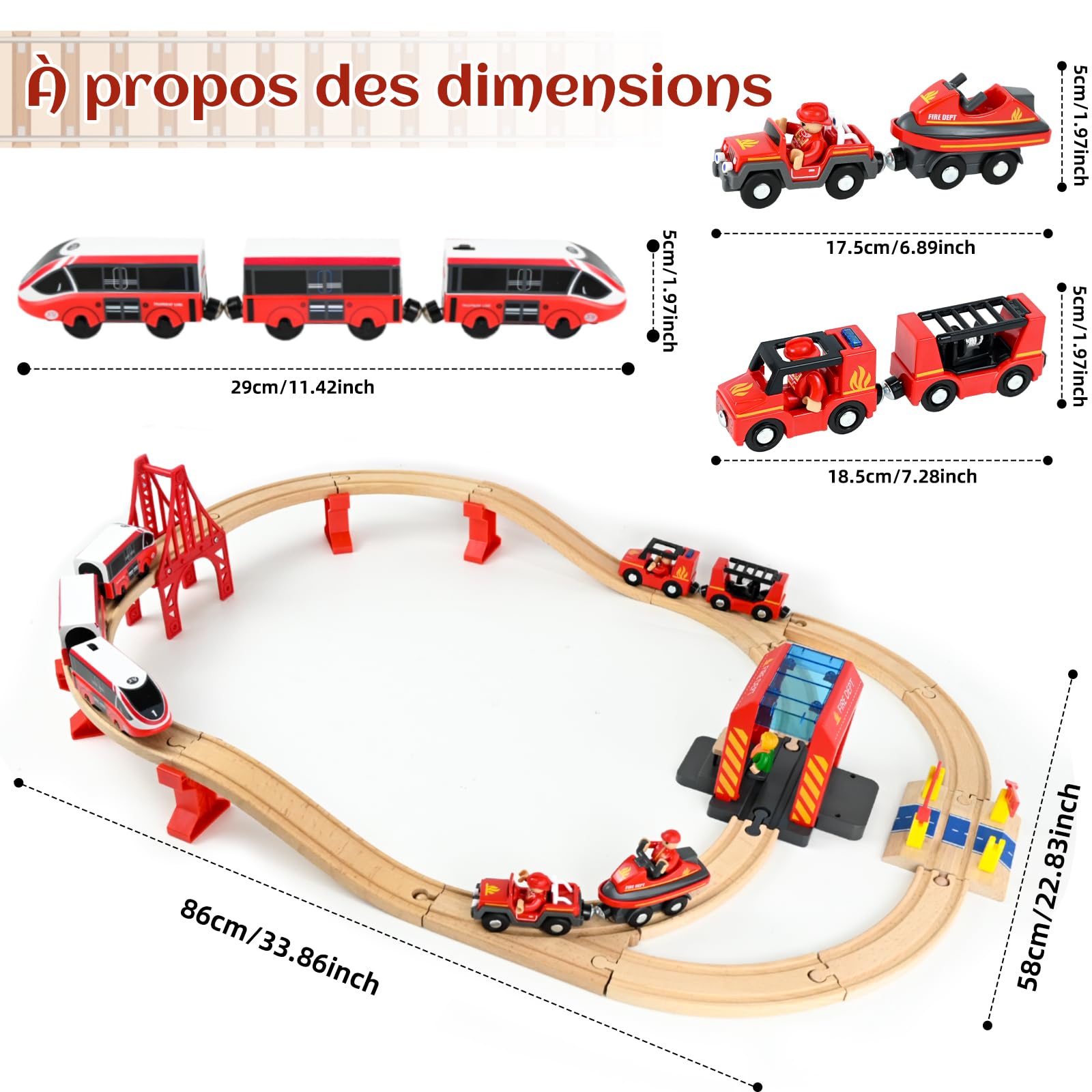 Ulikey 58 Pièces Circuit Train en Bois Enfant avec Locomotive Électrique et Camion de Pompier, Jouet Train Cadeaux d'anniversaire et de Noël pour Enfants, Compatible avec Grandes Marques Mainstream
