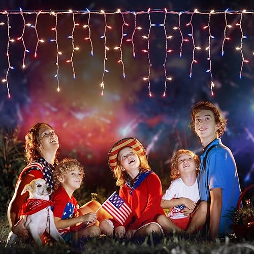 Miniatura 9 de Luces de carámbano decorativas para el 4 de julio tira de luces patrióticas de 108 pies luces rojas blancas y azules para el día de la independencia