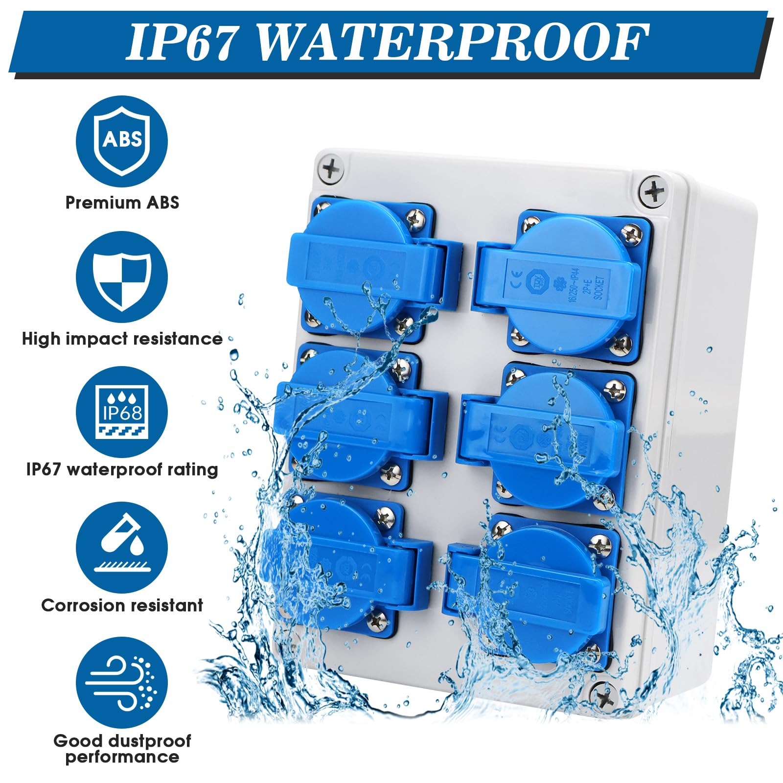 Distribuidor de corriente para construcción, distribuidor de pared, 16 A, 6 x 230 V, IP65, caja de distribución exterior, resistente al agua, caja de distribución de electricidad, caja de distribución