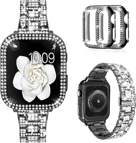 Mosonio - Compatible con Apple Watch Band de 38mm, 40mm, 41mm, 42mm, 44mm, 45mm, 46mm, 49mm, con 2 fundas para mujer, correa de metal de repuesto