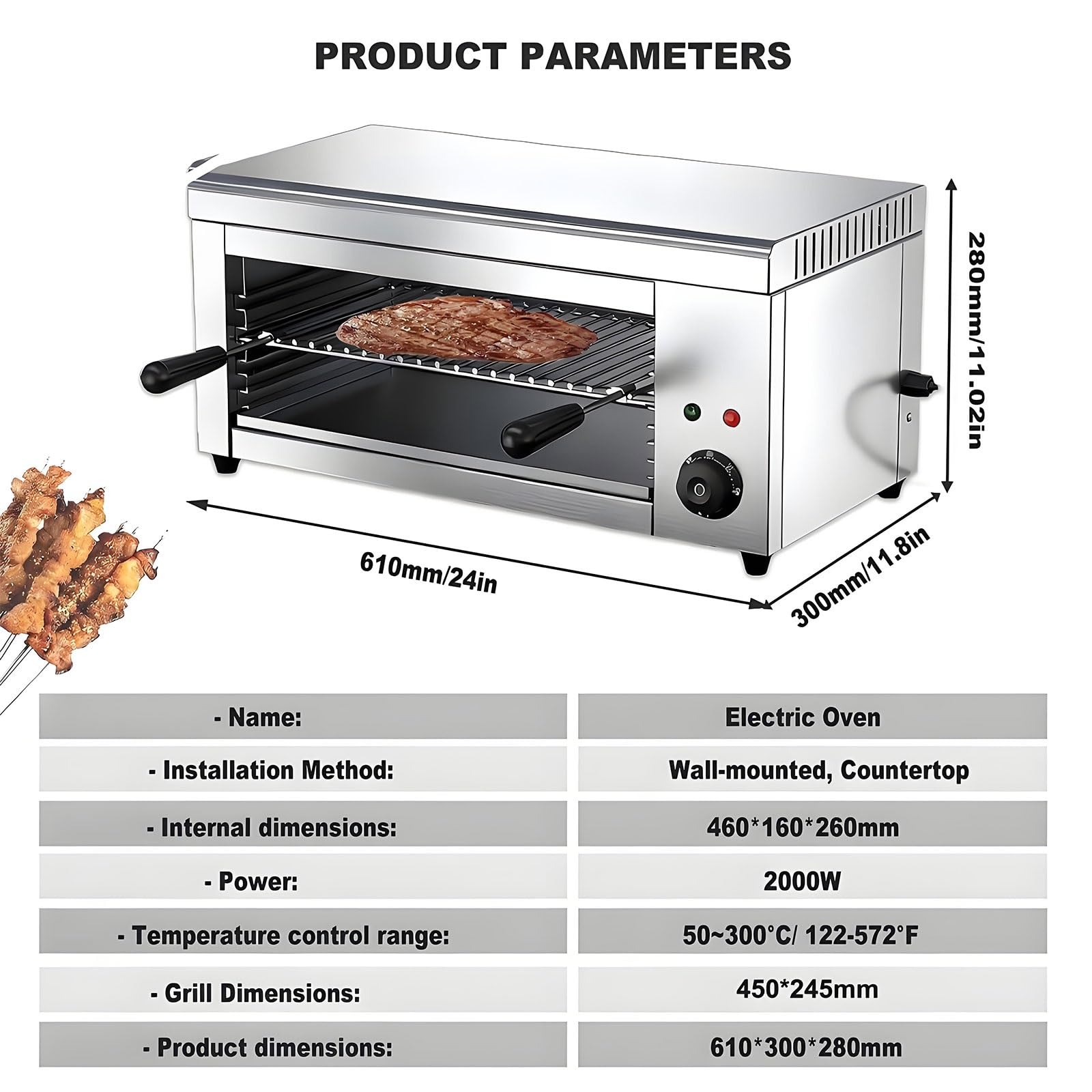 Asador Salamandra De 2000 W, Asador EléCtrico Para Carnes De Acero Inoxidable, Para Encimera, Con Bandeja Recogemigas ExtraíBle, 50 ℃-300 ℃ Para Pizza, Carnes A La Parrilla Y SáNdwiches