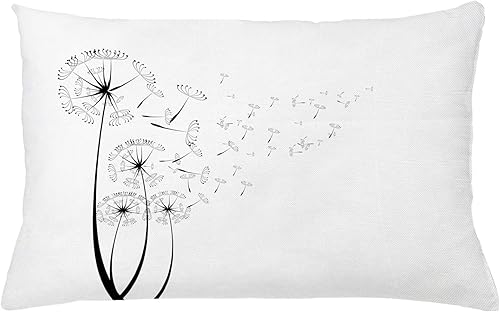 Ambesonne Funda de cojín con diseño de diente de león, diseño de diente de león monocromático que sopla en el viento, diseño de flores esponjosas,