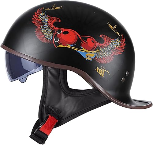 Casco de motocicleta retro de media cara aprobado por DOT para hombres y mujeres adultos, estilo vintage alemán, con diseño de calavera, para
