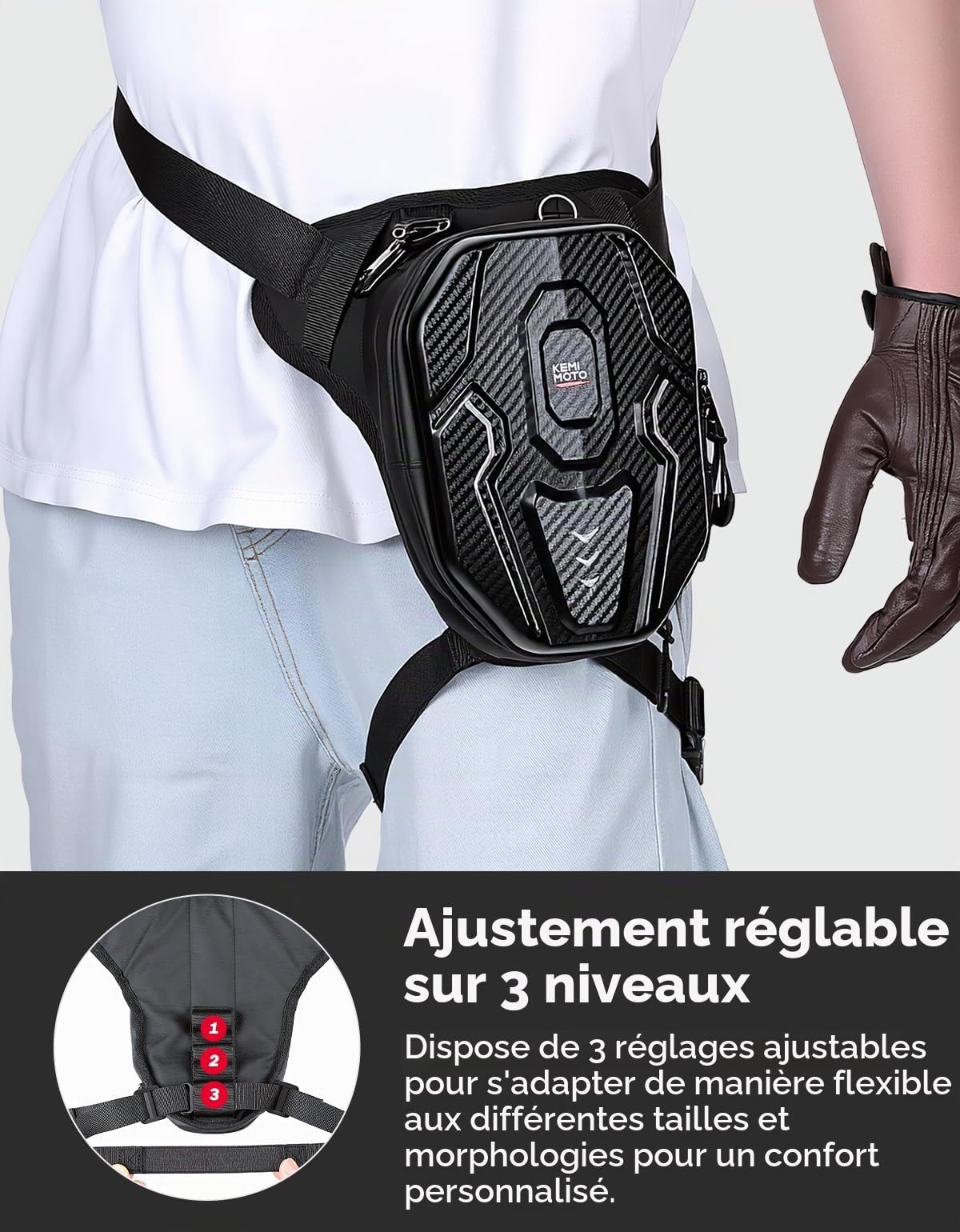 KEMIMOTO Sacoche de Jambe Moto Étanche, Extensible Sac de Jambe Moto avec Coque Rigide EVA, Port en Jambe/Taille/Épaule avec Réfléchissants et Compartiments Multiples pour Motos et Conduite