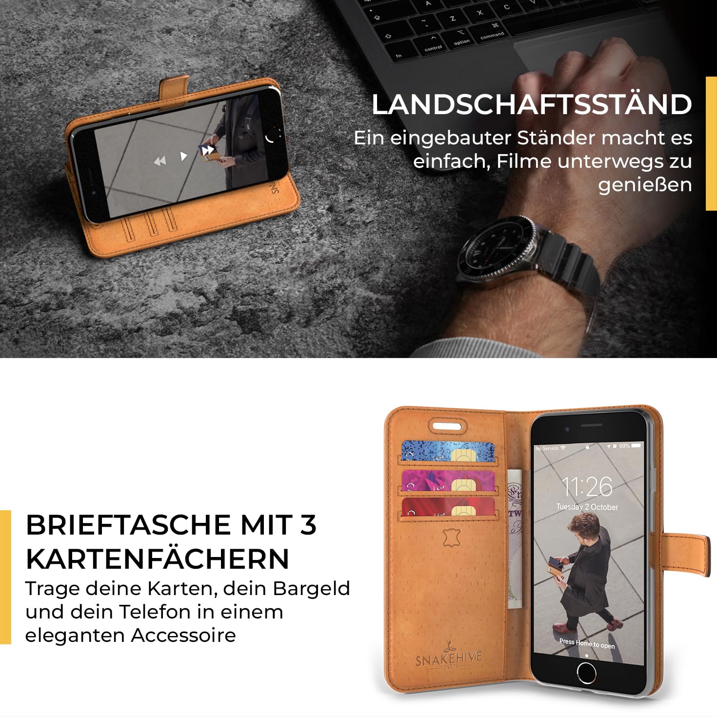 Snakehive Lederhülle für iPhone SE 2022/2020 und iPhone 7/8 | Stylische Handyhülle mit Kartenhalter & Standfuß | Handyhülle Schutzhülle & Lederhülle - Blau