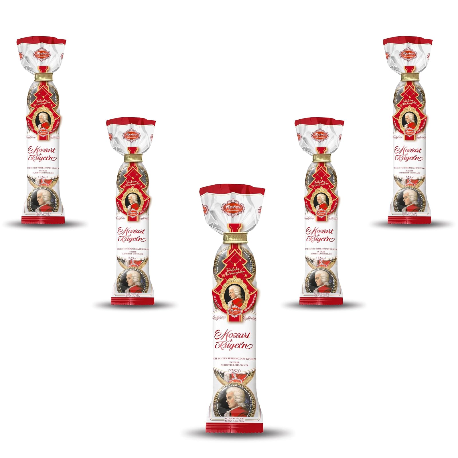 Reber Echte Reber Mozart-Kugeln, Weihnachts-Edition, Pralinen aus Zartbitter-Schokolade, Marzipan, Nougat, Ideales Weihnachtspräsent, 4 x 6er-Packungen