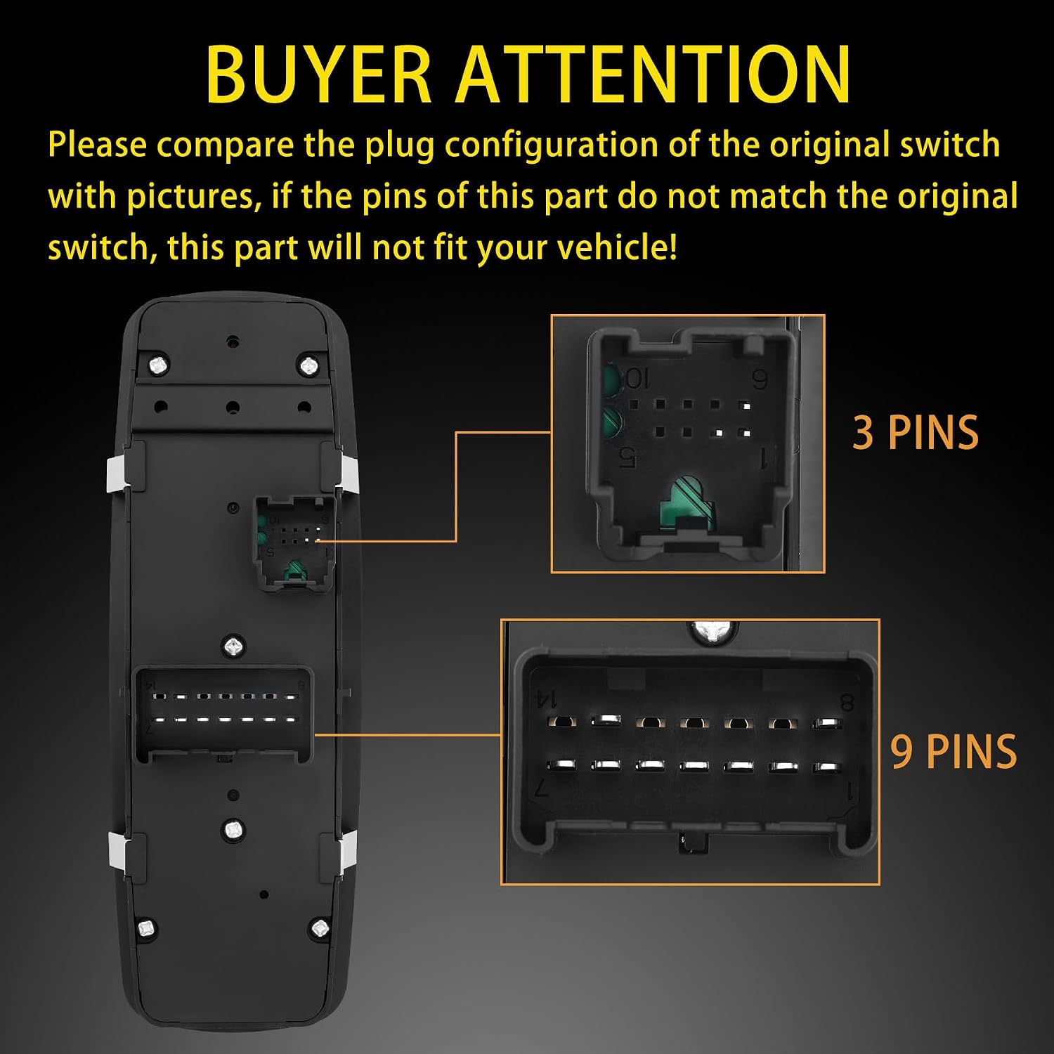 Power Window Switch Driver Side, Master Window Control Compatible with 2008-2010 Chrysler Town & Country, Dodge Grand Caravan 2006-2007 Dodge Caravan, 3+9 PINS, Replaces# 68039999AA, 68039999AC