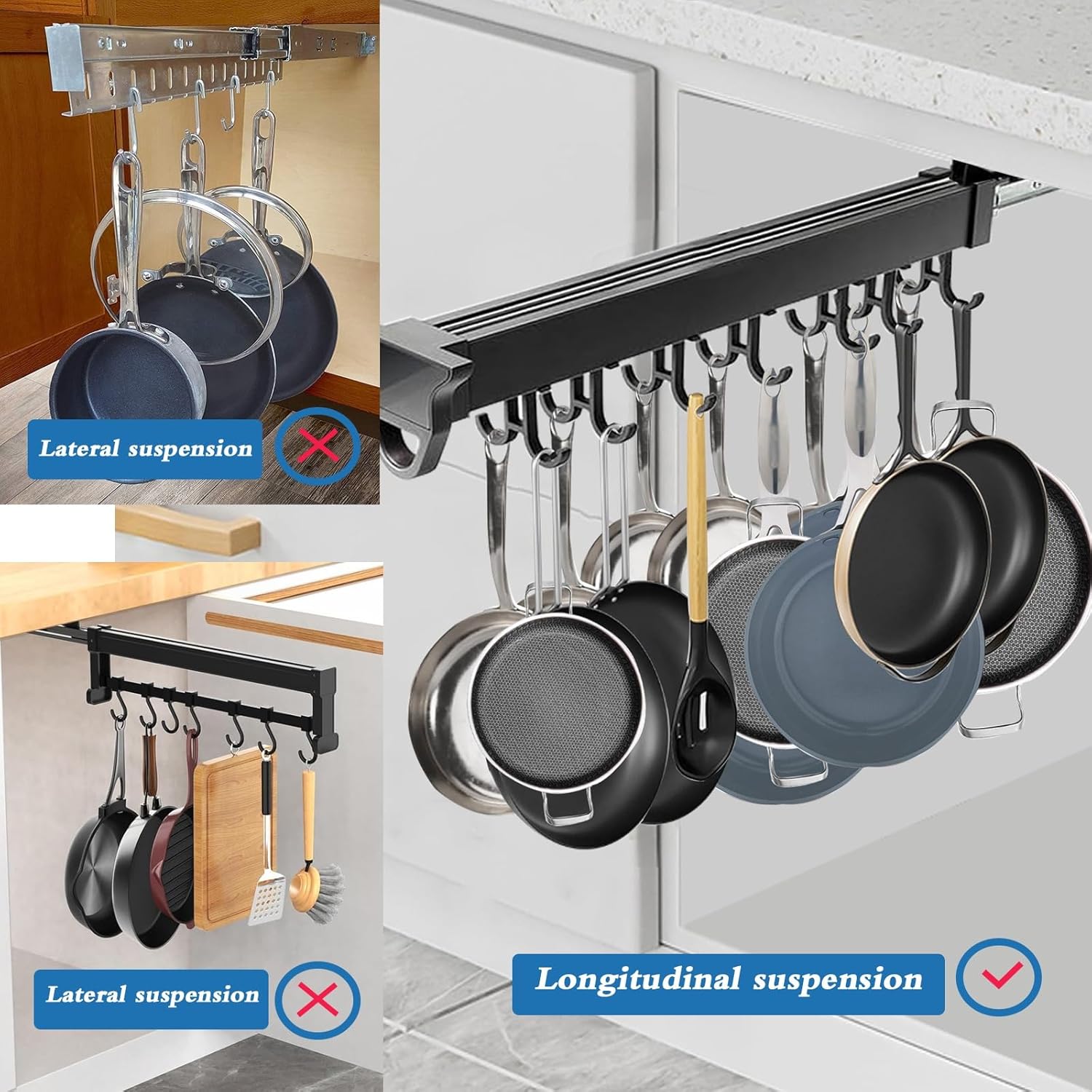 Pull Out Pot and Pan Organizer with Double Row Hooks for Hanging, Adjustable Pot Racks, Multifunctional Slide Broom Holder Tool Racks, Sliding Under Cabinet Organization ( Size : 460mm/18.11inch )