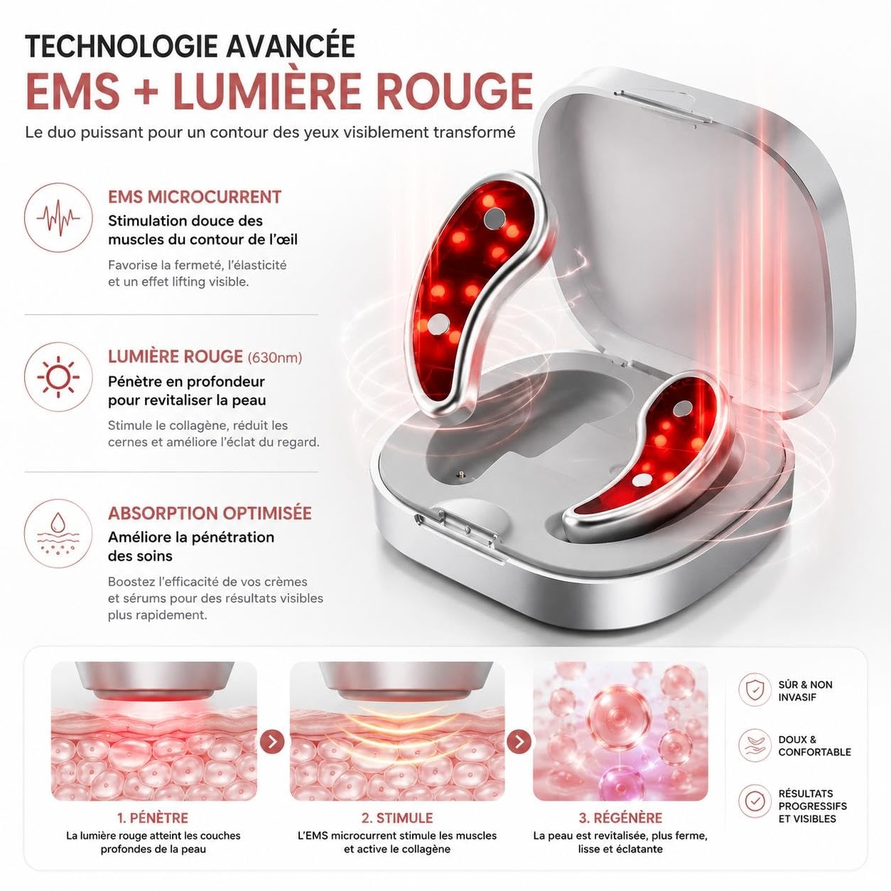 Patchs LED Rechargeables pour le Contour des Yeux – Massage à Lumière Rouge Anti-Cernes, Anti-Poches et Anti-Rides, Soin Raffermissant Portable pour un Regard Plus Éclatant