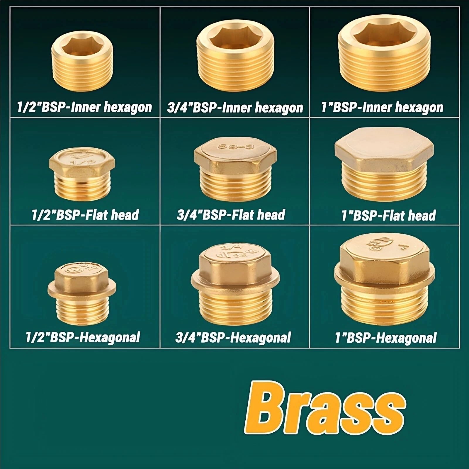 10 Uds latón 1/8 "1/4" 3/8 "1/2" 3/4 "1" BSP rosca macho tapa de extremo tapones de tope tornillo de extremo en el adaptador de conector acoplador de ajuste(Hex Plug 1)