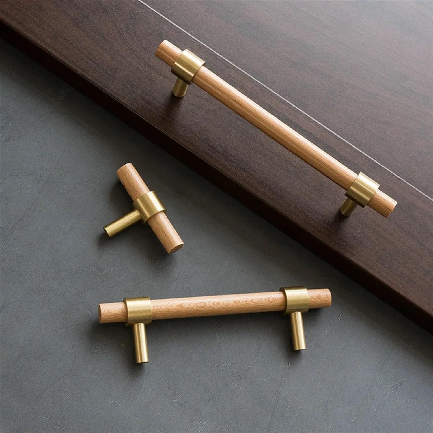 Natural Wood+Brass T Bar Door Handles American Style Furniture Wooden Handle Drawer Pulls Kitchen Cabinet Knobs and Handles 1Pcs (Color : Beech, Size : 160mm)