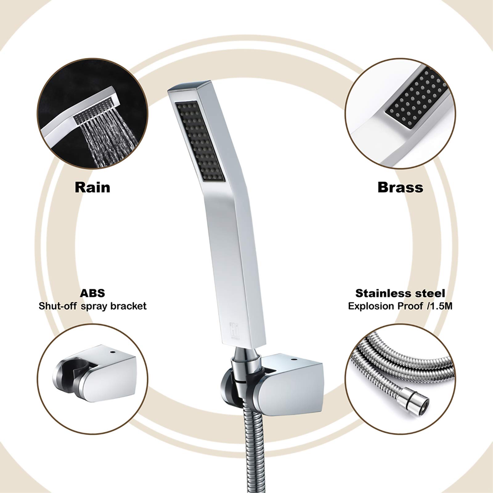 Pommeau de Douche avec Tuyau Douchette à Main Economie D'eau Laiton Pomme de Douche à Main Anti Calcaire Tête de Douche avec Sortie d'eau en Silicone, Chrome
