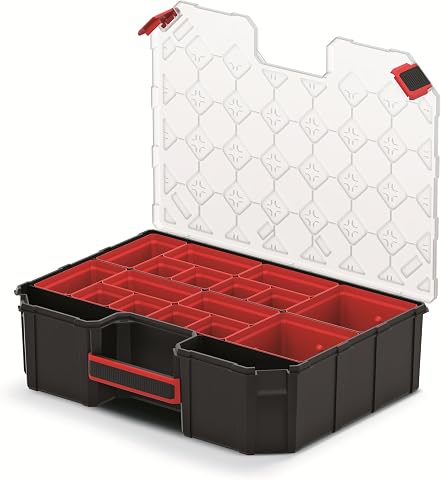 Mivos Skrzynka asortymentowa 390 x 284 x 60 mm – skrzynka do sortowania małych części z 12 pojemnikami wkładowymi – pudełko na akcesoria – pudełko na śruby – stabilna skrzynka narzędziowa do warsztatu