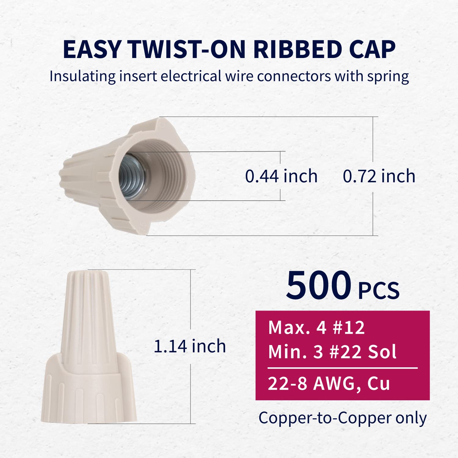 500 PCS, Electrical Insulating Winged Wire Connectors, Metal Spring Terminal Nuts, Winged Caps for Quick Connection, AWG22-8, UL Listed, Tan