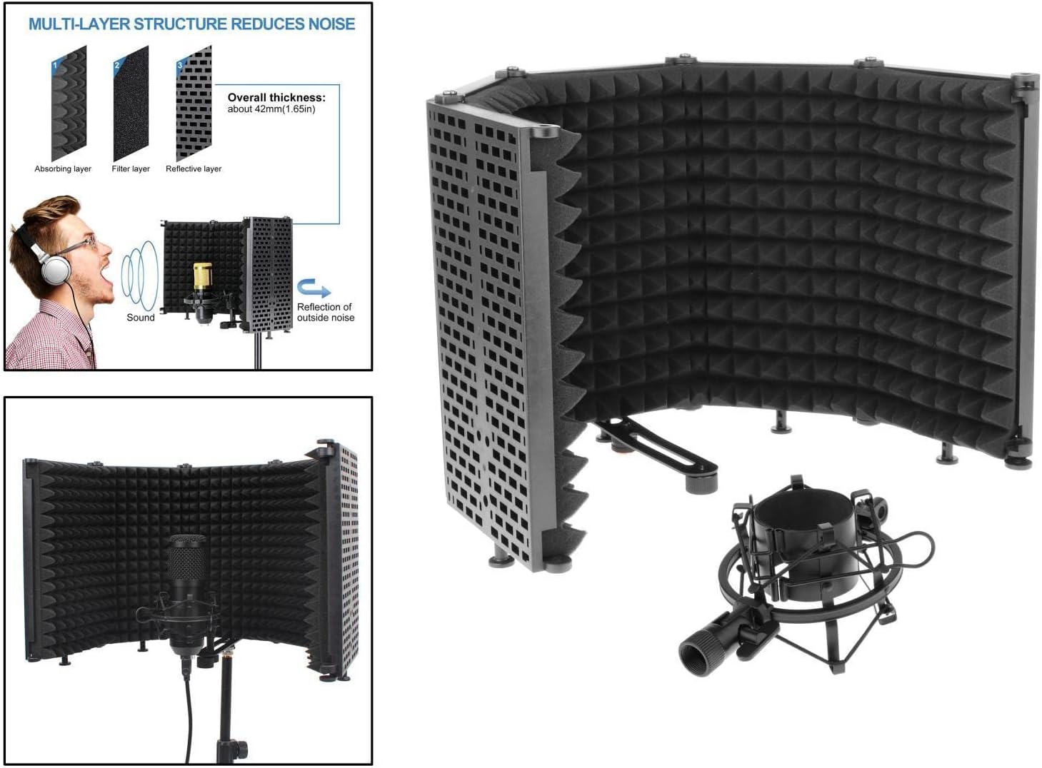 Professional Studio Recording Microphone Isolation Shield | High Density Foam Panel for Vocal | Foldable Design | Wind Screen for Live Broadcast | Sound Proof - A