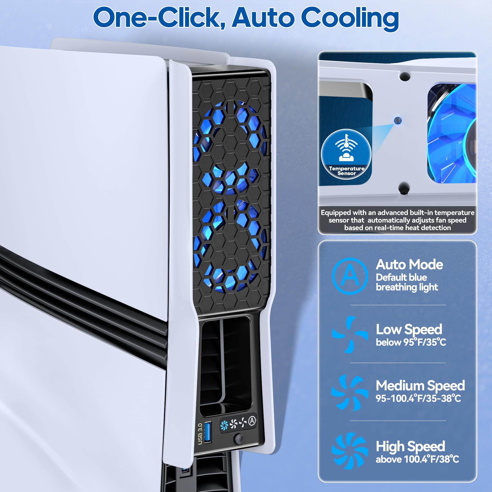 Ventilador de Refrigeracion para PS5 Slim/Pro, Ventilador para PS5 Pro 3 Velocidades, Refrigerador PS5 Ventilación Grande y Silencioso, Refrigeración para Playstation 5 Slim/Pro Disc & Digital, Blanco