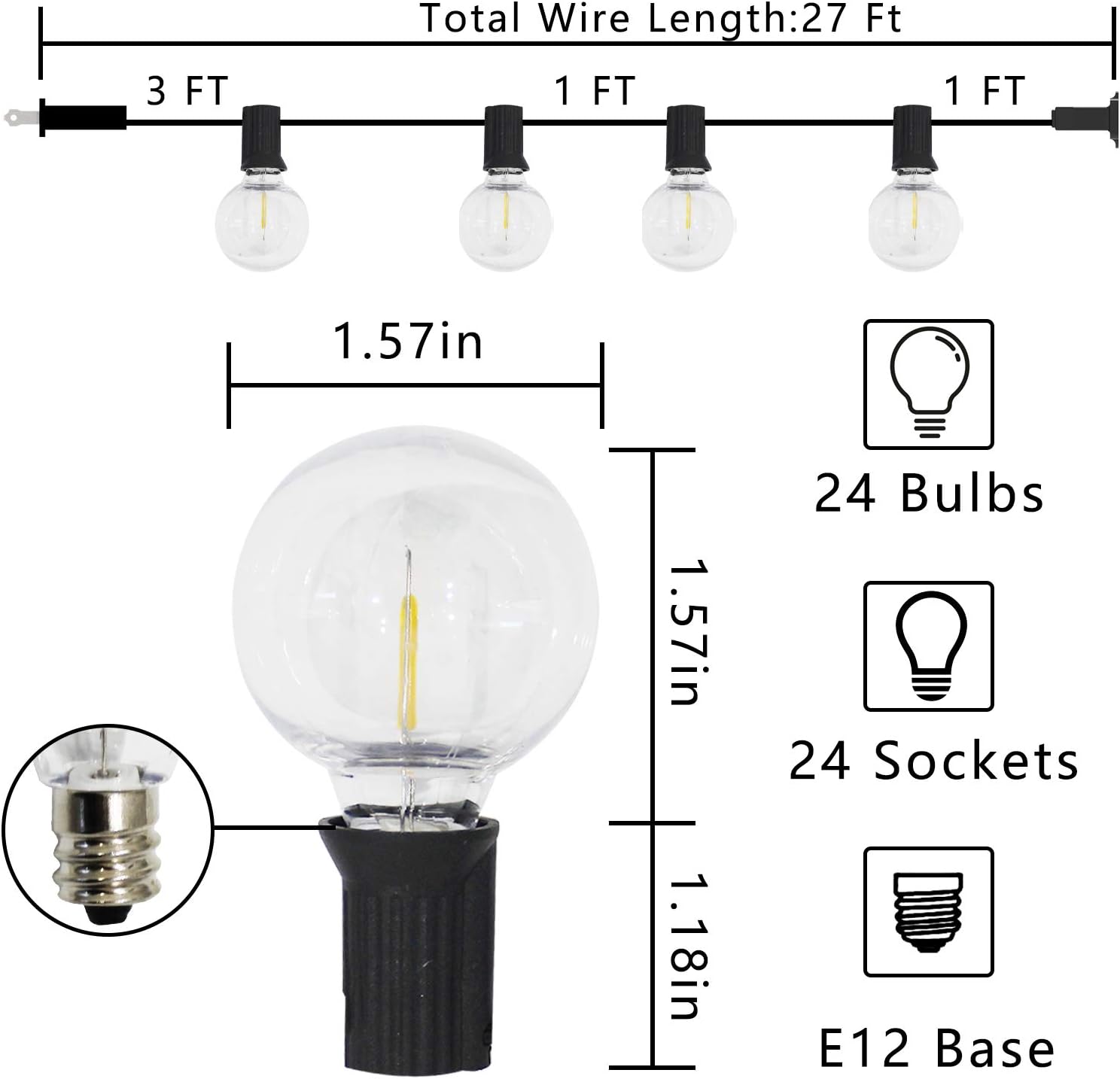 Free Shipping Over $50 ZYAN 27FT LED Outdoor String Lights, G40 Globe Patio Lights with 24 Shatterproof Plastic Bulbs, Waterproof Connectable Dimmable Outside Hanging Lights for Backyard Party Patio, E12 Socket Base,Black