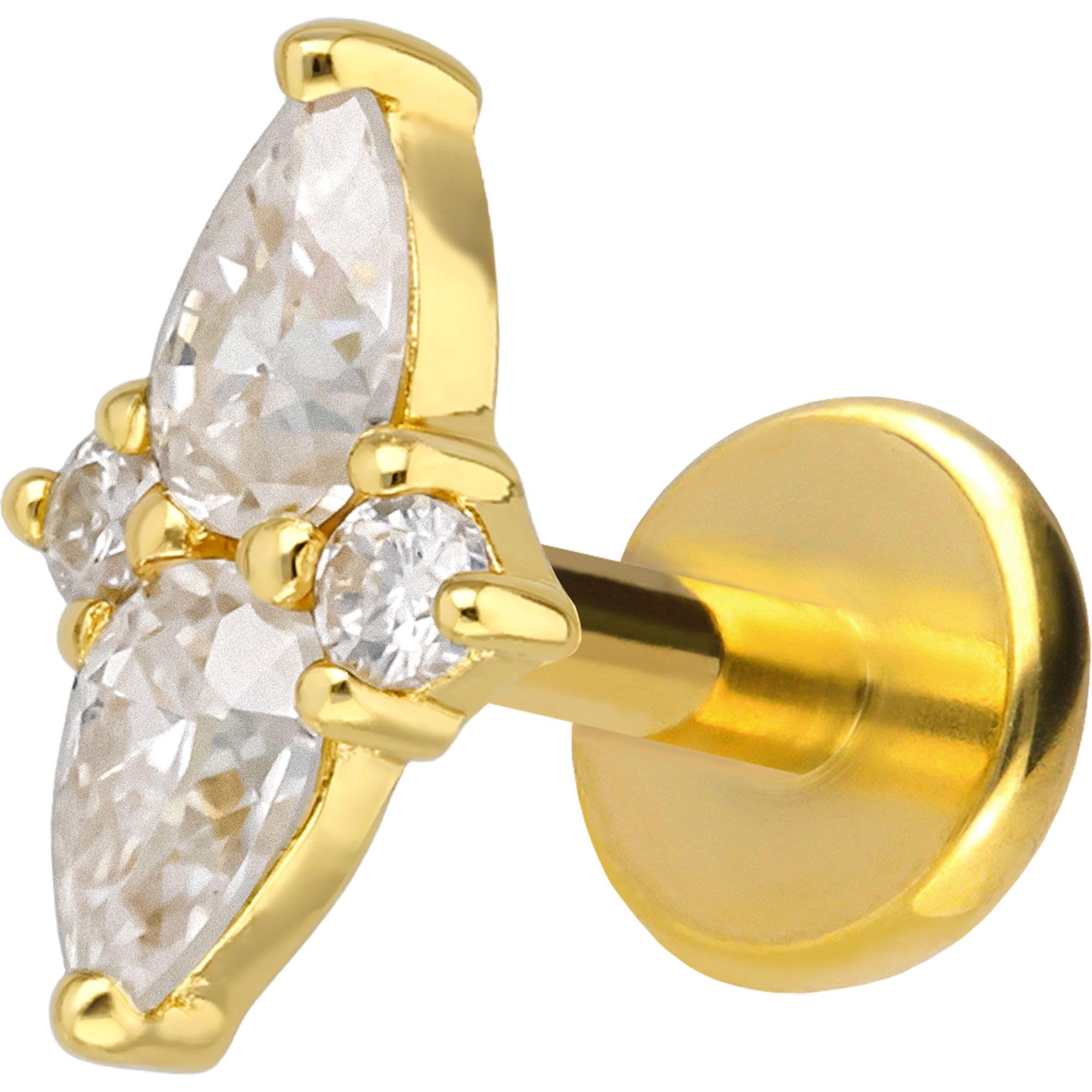 PIERCINGLINE Piercing Stecker Titan Labret mit Innengewinde + 925er Silber Aufsatz MOISSANIT-BLUME - Goldfarben, Silberfarben