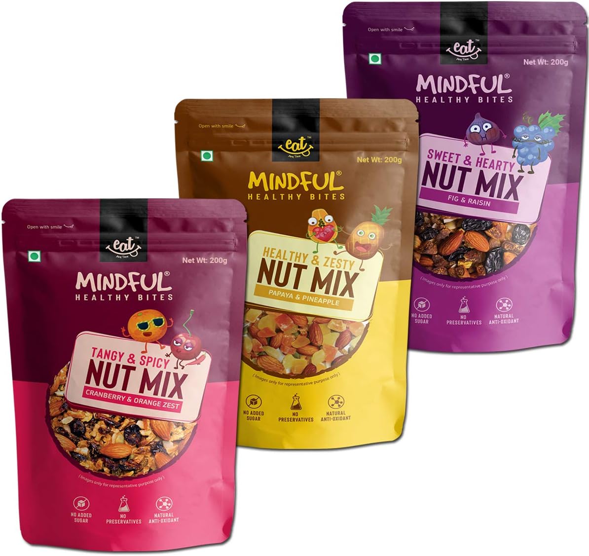 Mindful Healthy Trail Mix Combo of 3 - Cranberry & Orange Zest, Fig & Raisin & Papaya & Pineapple | No Added Sugar & No Preseervatives | Antioxident | Healthy Sanck for Breakfast & Diet - 200gm(Combo of 3)