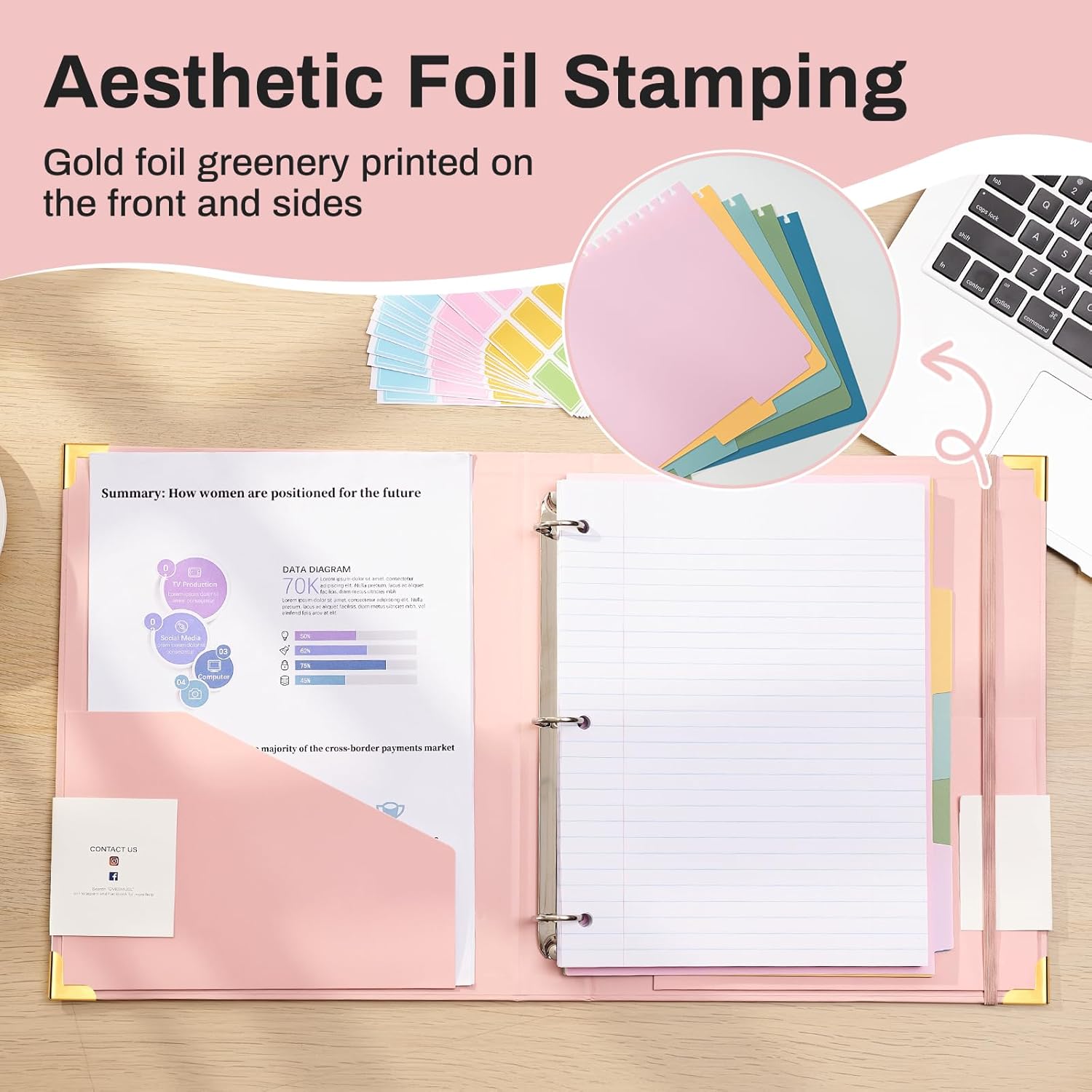 Aesthetic 3 Ring Binder 1 Inch Cute Three Round Rings Binders with Dividers Suitable for 8.5 x 11 Letter Size Paper Loose Leaf Binder with 2 Pockets for School Work - Image 5