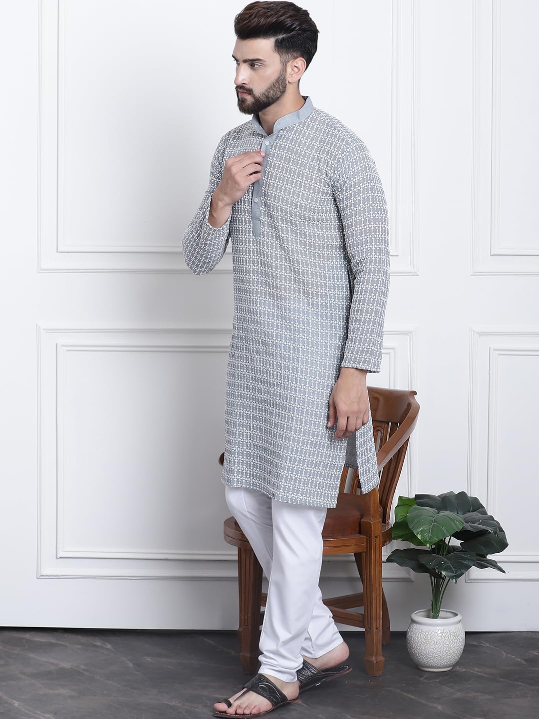 Sojanya (Since 1958 Men's Pure Cotton Grey Kurta With White Embroidery And White Pyjama Set