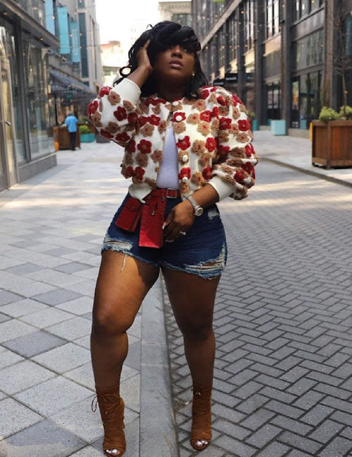 BQDCQB Womens Cropped Floral Print Jacket Warm Fleece Bomber Jacket Casual Button Down Coats Fall Puff Outerwears - Image 2