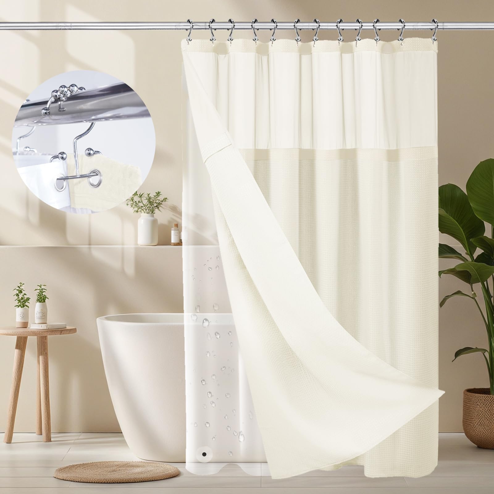 Rideau de douche 3 en 1, 183 x 183 cm, texture gaufrée avec fenêtre sur le dessus en maille, 12 crochets antidérapants double face en acier inoxydable et doublure imperméable en PEVA (beige)