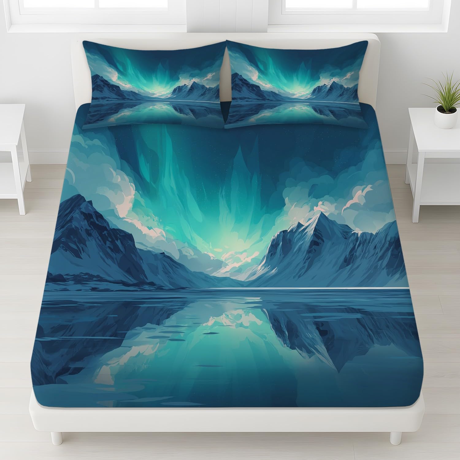Prächtig Polarlicht Spannbetttuch 140 x 200 x 30 cm 3teilig 2 Kissenbezüge 80 x 80 cm Elegant Schneeberg Hell Sternenhimmel Spannbettlaken Set für Kinder Jugendliche Erwachsene Mikrofaser Bettwäsche