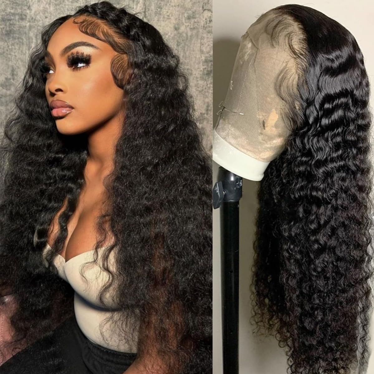 13x4 Deep Wave Lace Front Wigs Human Hair 180% Density Deep Curly Wigs for Women Brazilian Wig HD Transparent Lace Human Hair with Baby Hair Glueless
