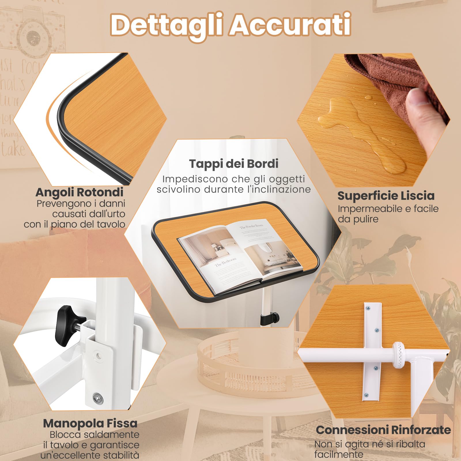 COSTWAY Tavolino da Letto e Divano con Ruote Bloccabili, Tavolino Porta PC con Altezza Regolabile in 9 Posizioni e Piano Inclinabile, Tavolino Servitore Letto per Mangiare e Lavorare (Legno)