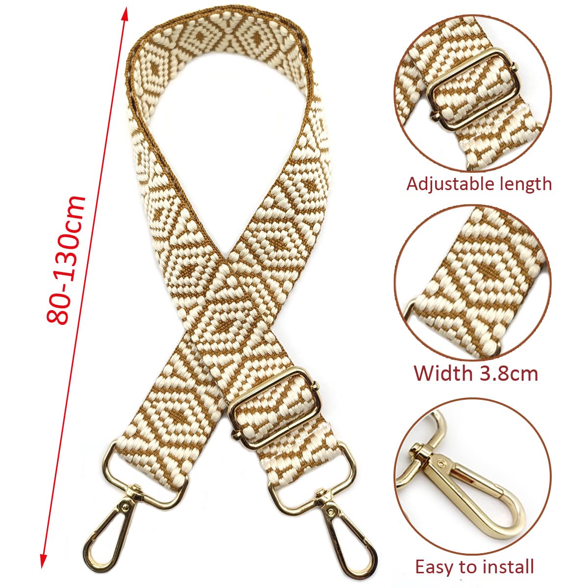 Sangle De Remplacement Pour Sac à Main - Longueur Réglable 75 à 145cm, Largeur 3.8cm - Boucle Dorée, Mélange Polyester-coton - Universelle Pour Sacs Femme