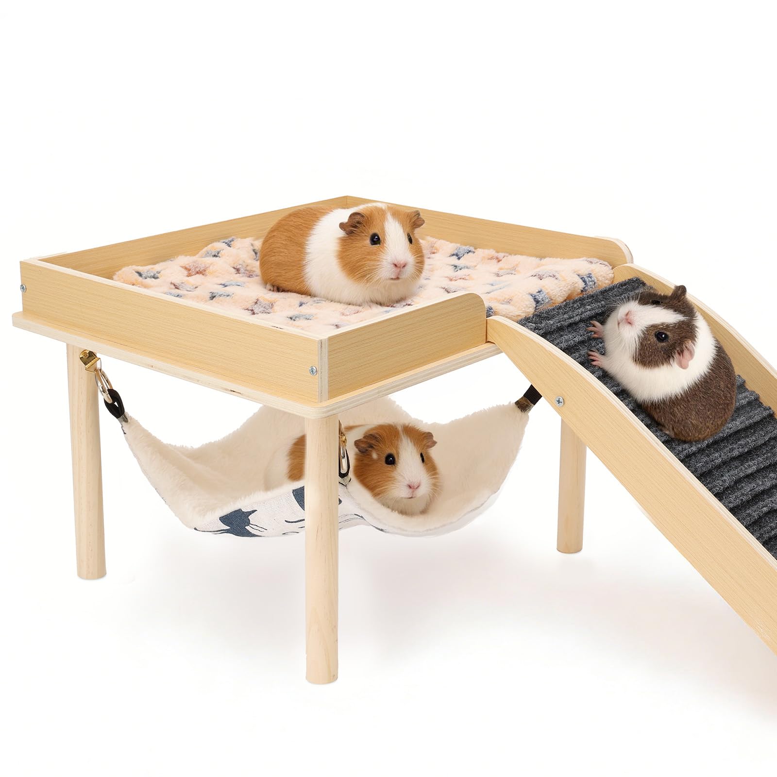 GHWMYD 3 in 1 Guinea Pig Hideout, Large Wooden House with Platform & Stairs & Hammock, Small Animal Climbing Hideout for Hamster, Gerbil, Bunny, Chinchilla