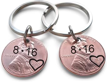 Custom Hand Stamped 2 Personalized Penny Keychains, Anniversary Gift, Husband Wife Key Chain, Boyfriend Girlfriend Gift, Customized Couples Keychains