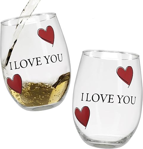 BANBERRY DESIGNS Lover's - Juego de copas de vino con texto en inglés "I Love You", juego de 2 copas de vino sin tallo con corazones decorativos,