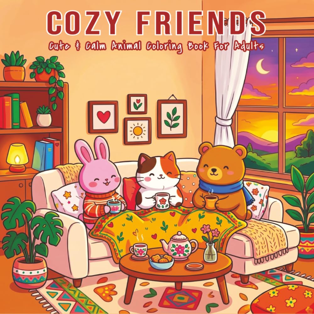 Cozy Friends Coloring Book for Adults & Teens: Cute & Calm Animal Characters in Cozy Spaces with Easy & Relaxing Designs