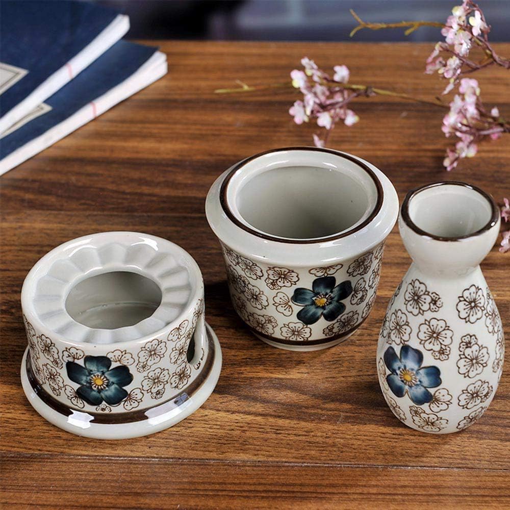 Tea Pots 7 Piece Sake Set Quaint Texture Black Glaze Ceramic Wine Glass Set with Warming Pot and Candle Stove Unique Elegant Design Best Gift for Family and Friends