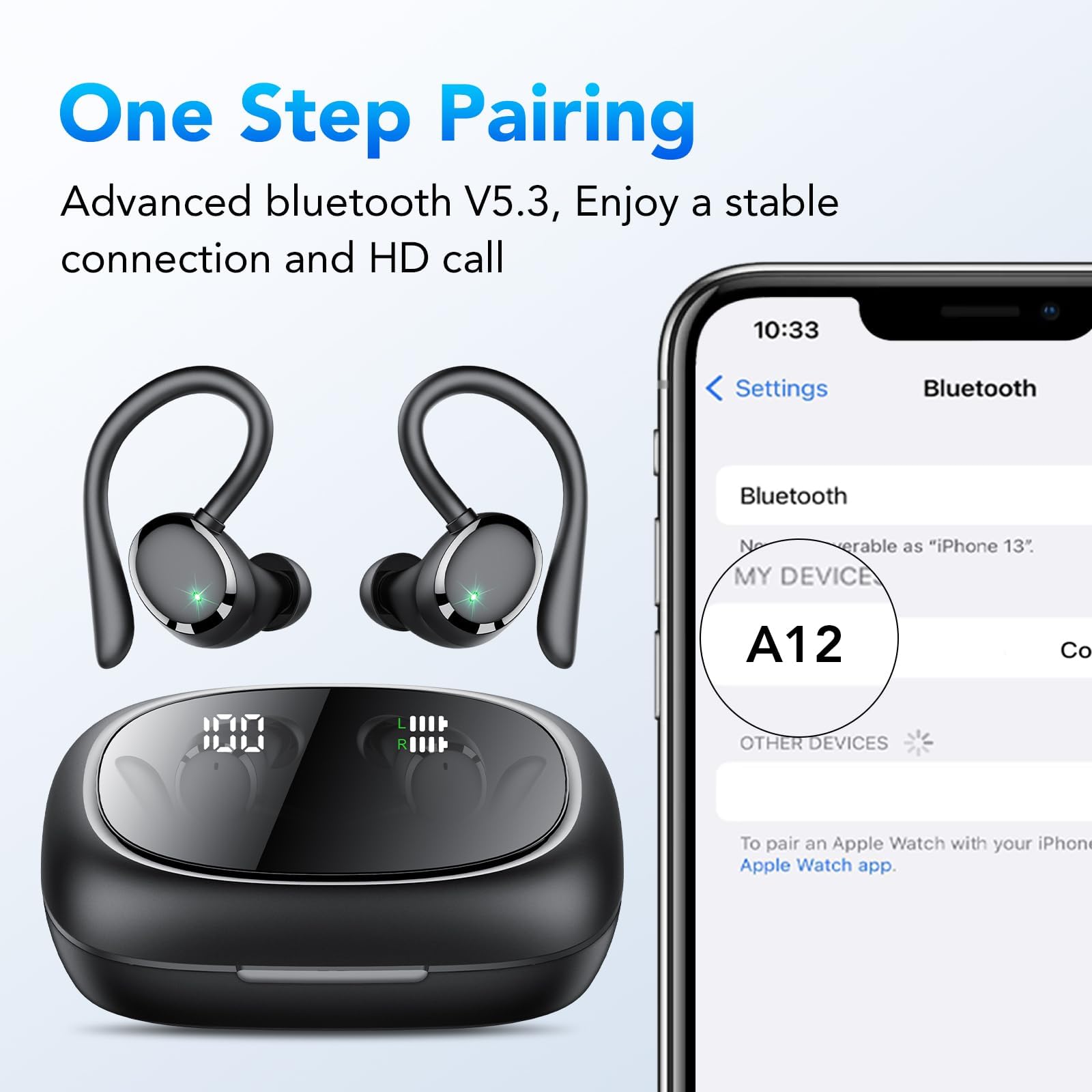 Écouteurs de sport Bluetooth 5.3 sans fil avec micro HD, HiFi stéréo basses profondes, 72 heures d'autonomie, double affichage LED, étanchéité IP7, avec crochet d'oreille