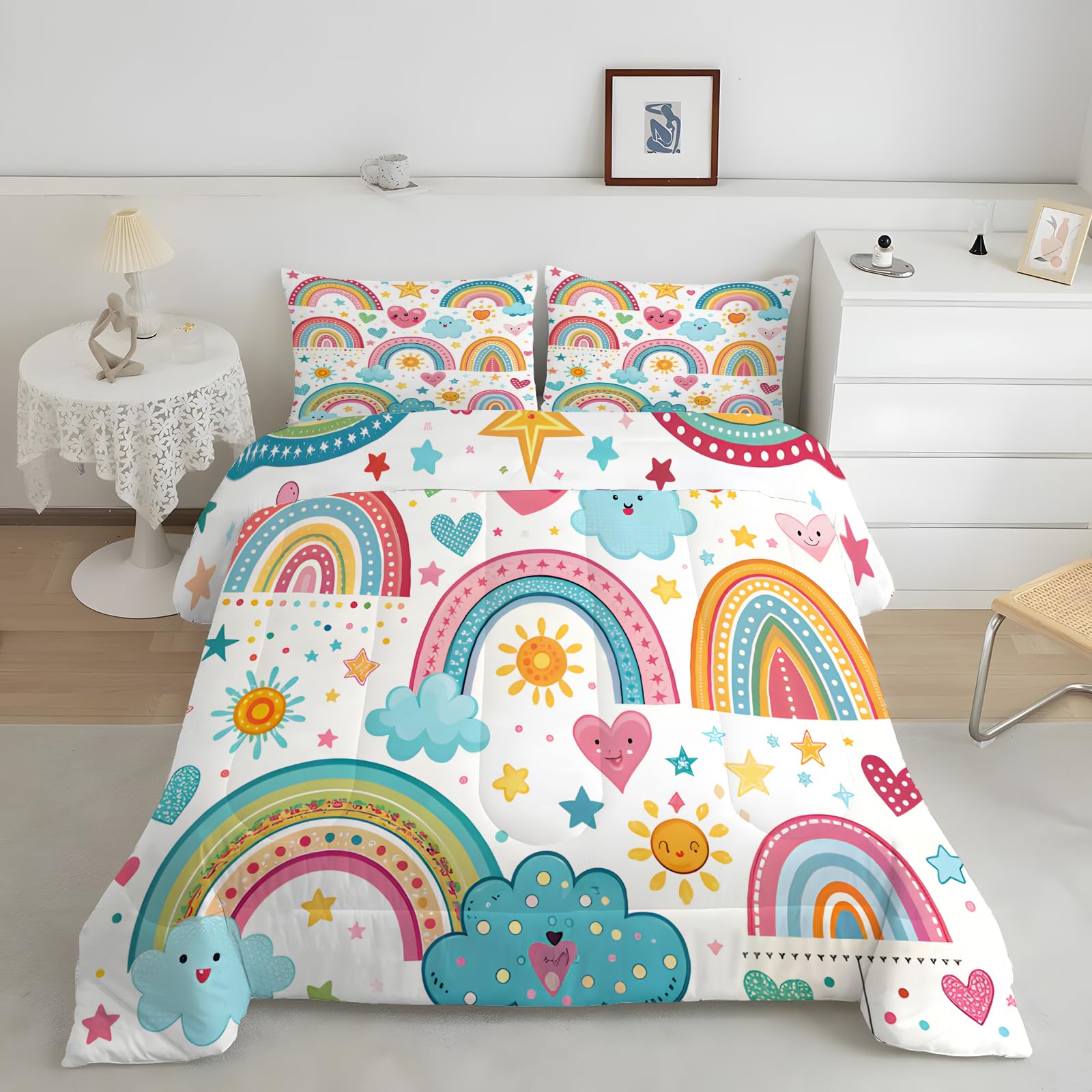 Edredon Cama 90 Infantil Arcoíris Rayas Amor Dibujos Animados Edredón 135x200 cm Sol Blanco Estrellas Nubes Edredones Infantiles con 2 Funda de Almohada para Niños y Niñas