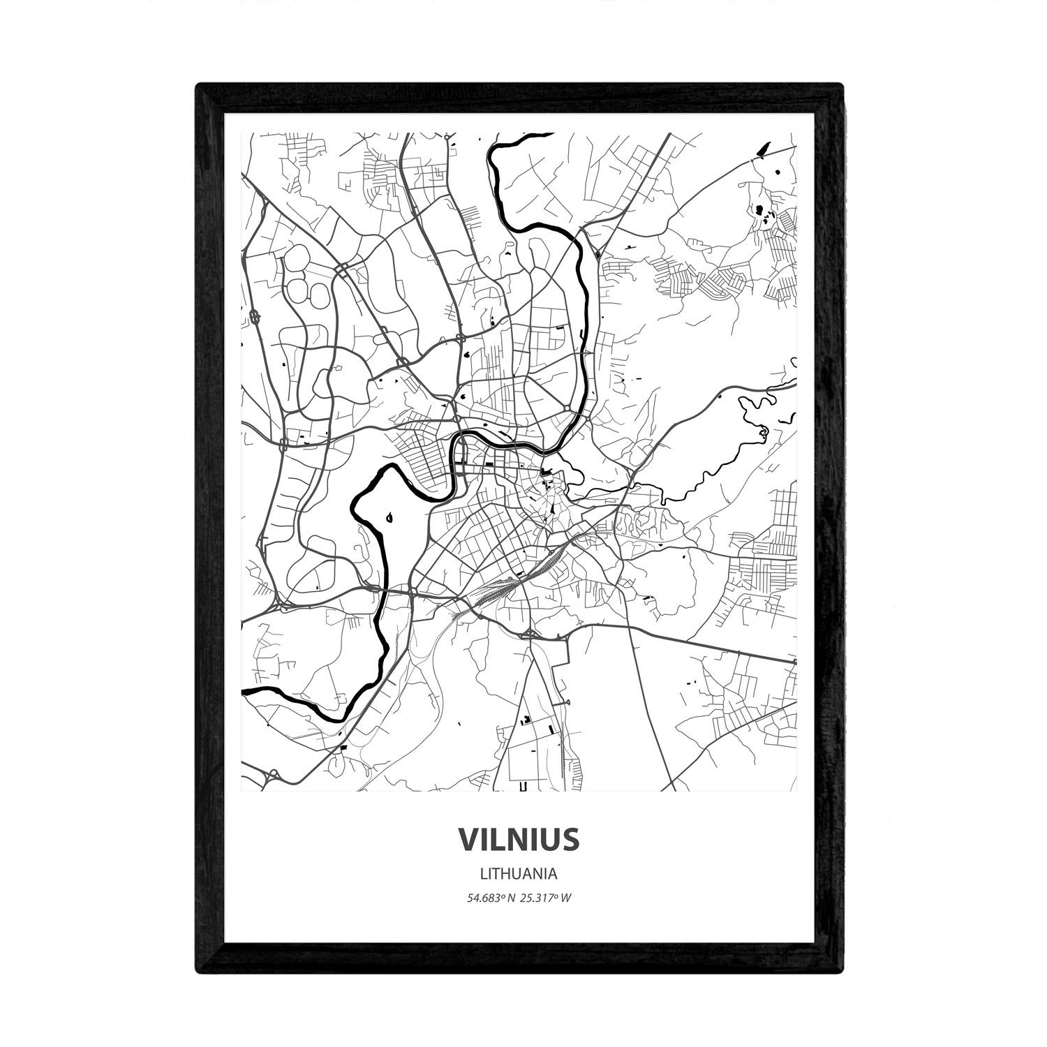 Nacnic Poster with map of Vilnius - Lithuania. Sheets cities in Europe with seas and rivers in black color. A4 size