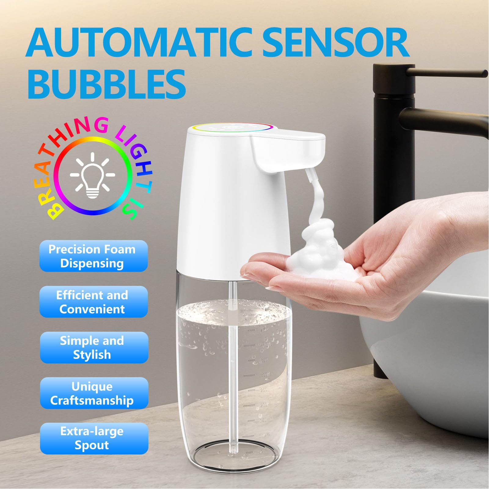 Touchless Soap Dispenser, 600ml Rechargeable Wall Mounted Electric Automatic Dispenser with 4 Levels Adjustable Foaming for Bathroom Kitchen Office, Modern Design, Easy to Clean (Gel)