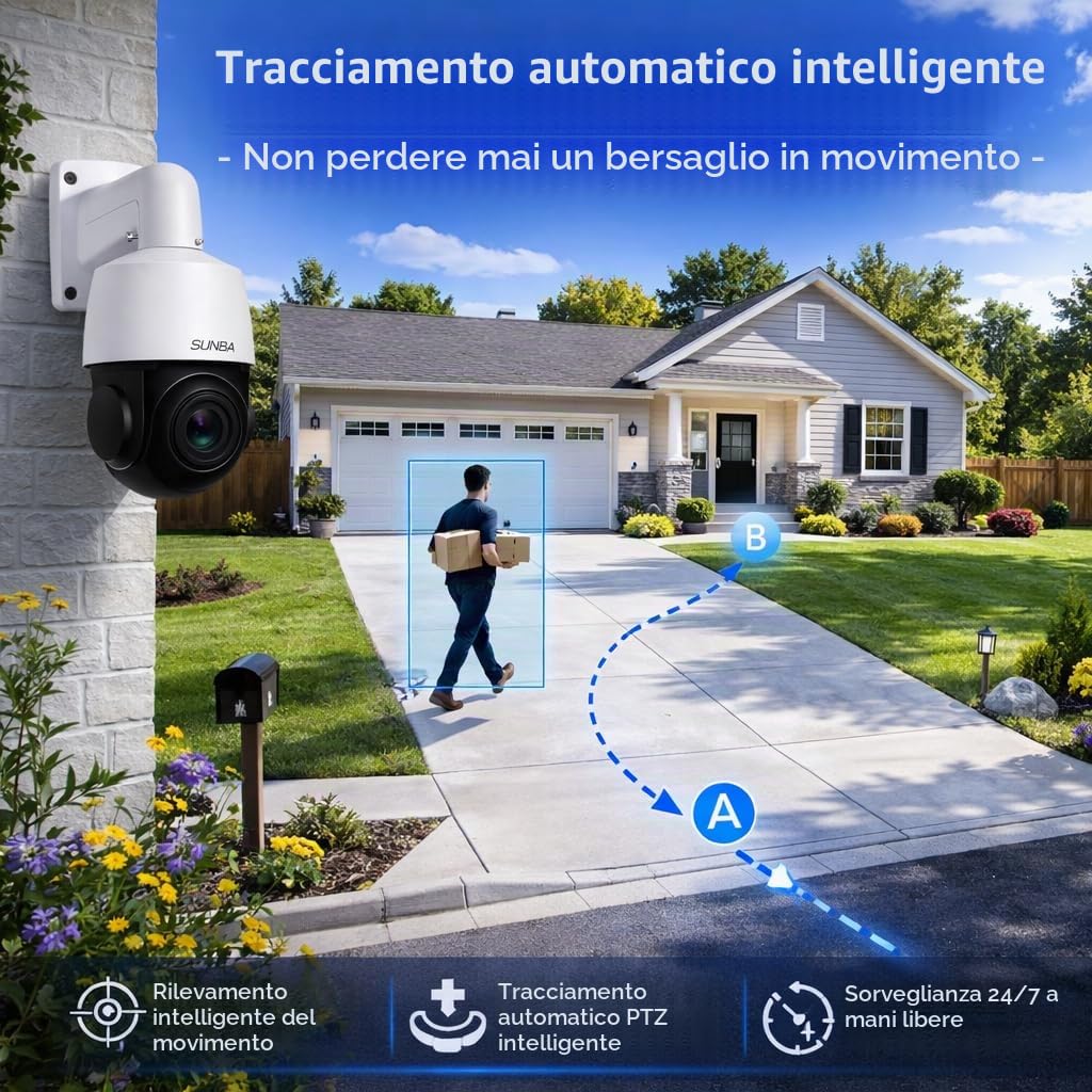 SUNBA Telecamera PTZ 4K da Esterno, Zoom Ottico 20X, PoE IP, AI Human Tracking, Auto Tracking, Audio Bidirezionale, Pan 360° Tilt 90°, Alimentazione PoE/DC, Visione Notturna, 0NVIF