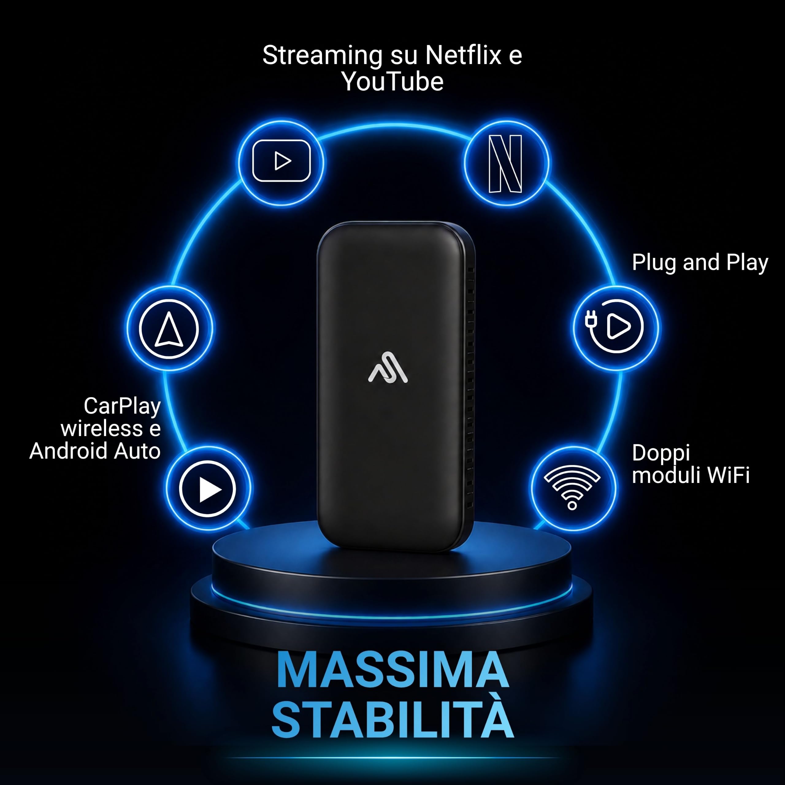 AutoSky Wireless CarPlay & Android Auto AI Box Lite Plus 2.0, Streaming Box con Netflix & YouTube, Adattatore multimediale Plug & Play per auto